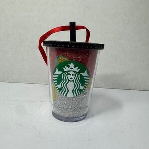 Starbucks 2012 Multi Color Glitter Cold Cup Christmas Ornament Red Ribbon Logo